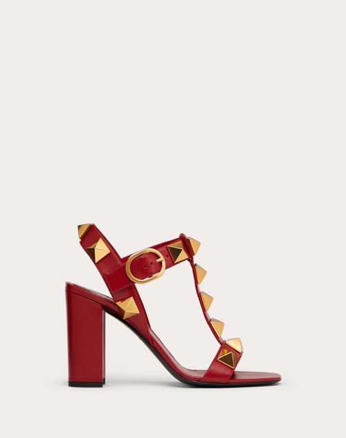 Valentino Garavani Roman Stud 90 Block-heel Leather Sandals In Rosso Valentino